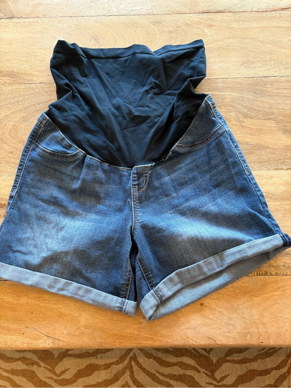 Dark Blue High-Waist Maternity Denim Shorts with Black Support Panel